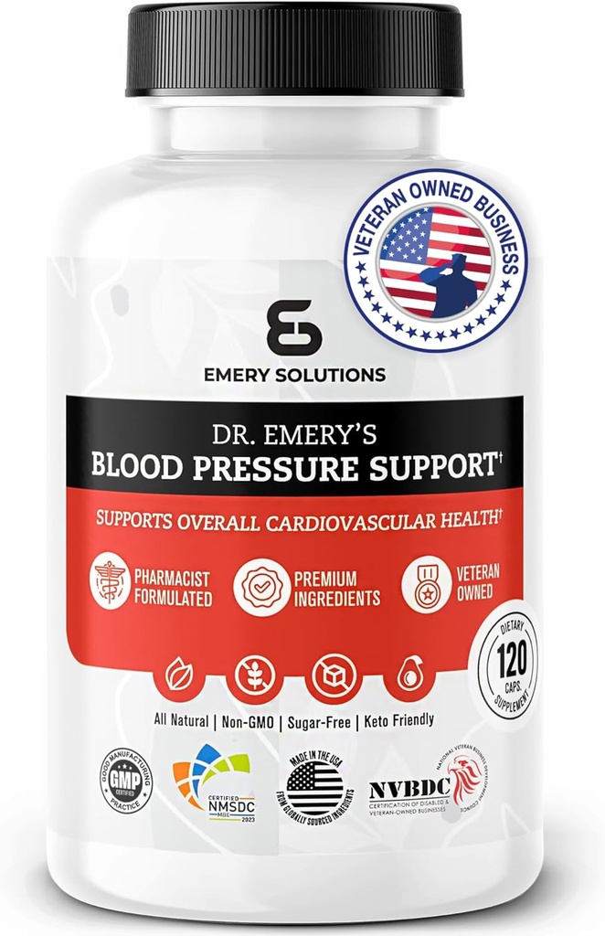 Dr Emery’s Blood Pressure Support Supplement with Magnesium, Zinc, ויטמין D3, & Potassium, טבעוני-approved, Sugar-Free, פורמולה על ידי תרופות קליניות, 120 קפסולות, 30 יום אספקה