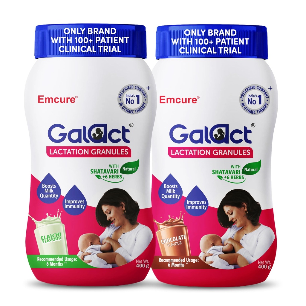 Galact Lactation Granules 400g X 2 | India's Only Brand with 100+ Patient Clinical Trial | Lactation Supplement for Breastfeeding | 4X Milk Boost | Shatavari & 6 Herbs | 40 Days | Chocolate + Elaichi