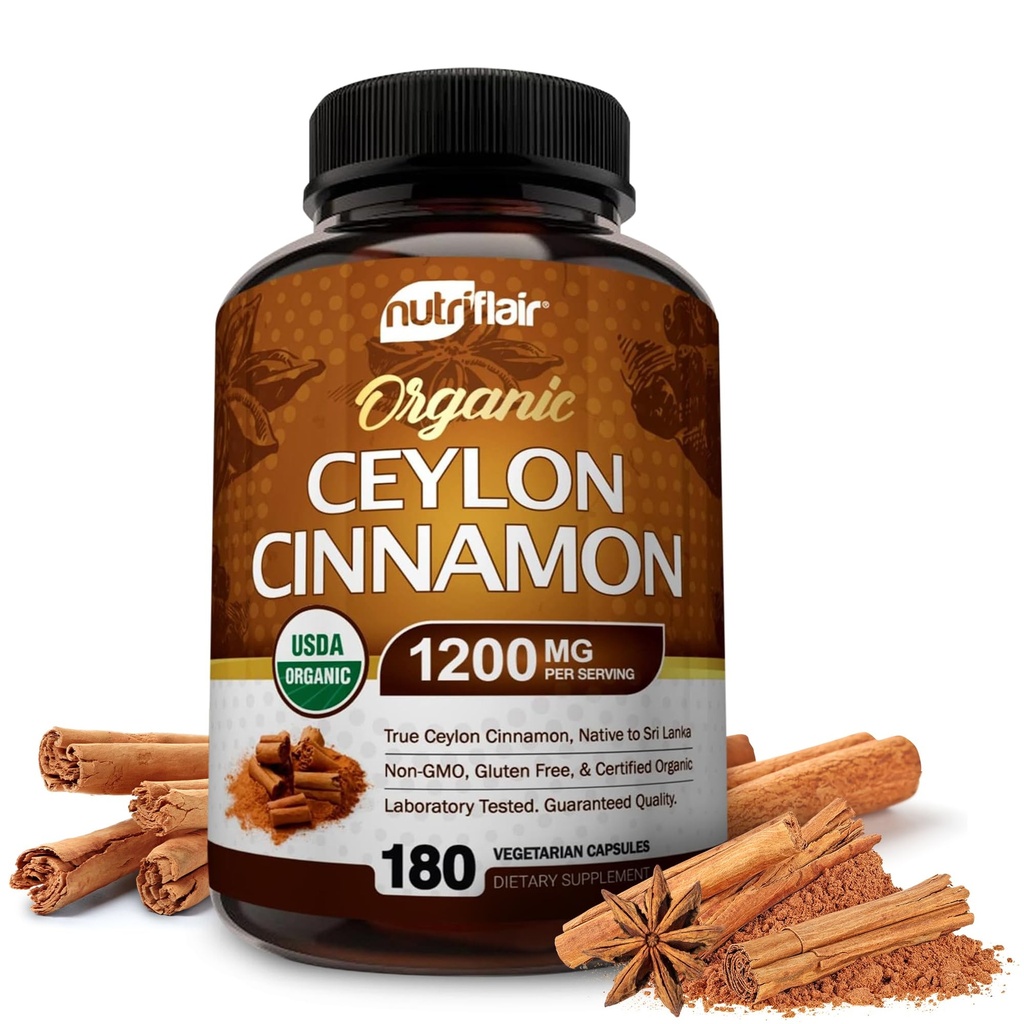 NutriFlair אורגני Ceylon Cinnamon (100% מוסמך אורגני Ceylon Cinnamon) 1200 מ"ג עבור המשרתת, 180 קפסולות - Joints, Inflammatory, Antioxidantantantantantantantantant.