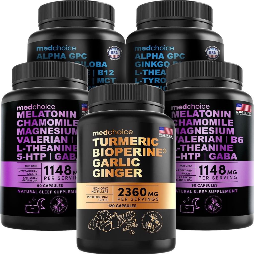 MEDCHOICE Turmeric & ג'ינג'ר (120ct), Sleep Melatonin (180ct), ו- Nootropic Brain (120ct) תוסף Bundle - "הטבעה למוח, שינה ותמיכה במזל" - טבעוני, Non-GMO, Gluten-FreeFree Gluten-Free Gluten-Free Free-Free Gluten-Free-Free Glutenten-Free-Free Glutens for Brain"
