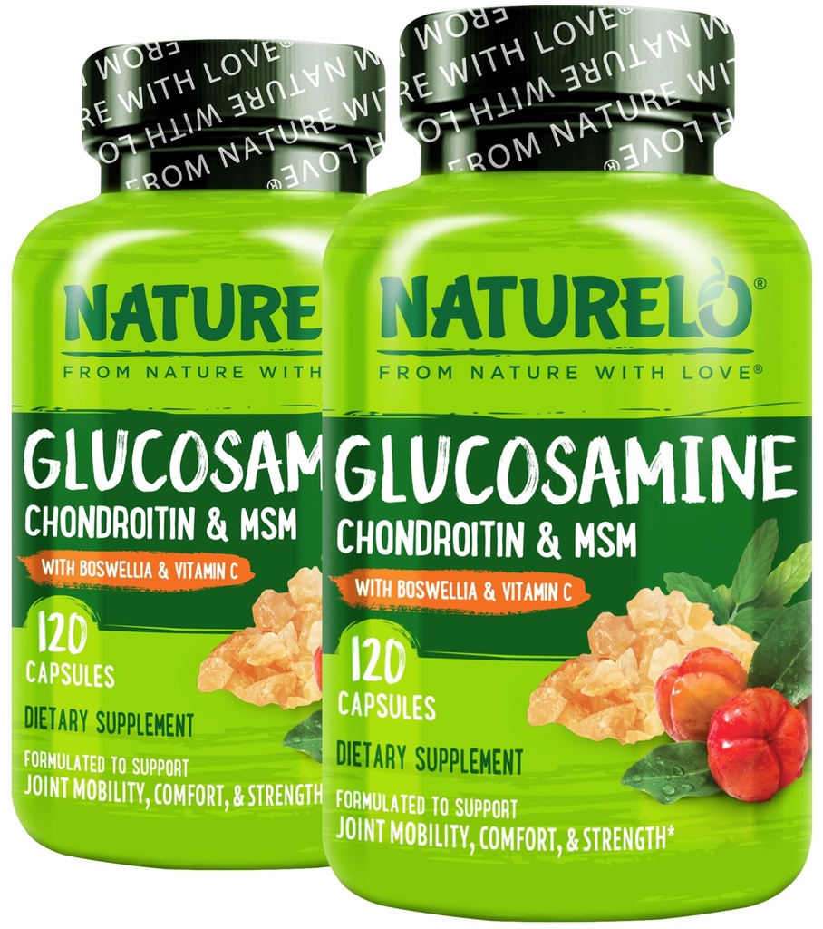 NATURELO Glucosamine Chondroitin MSM עם Boswellia ו ויטמין C - תוספת של נוחות משותפת, ניידות וכוח - 120 קפסולות (Pack of 2)