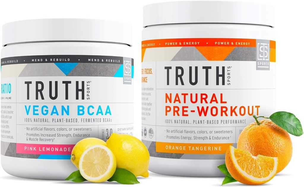 אמת תזונה טבעית Athlete Workout Stack - טבעוני BCAA (Pink Lemonade) + Natural Preworkout (Orange Tangerine)