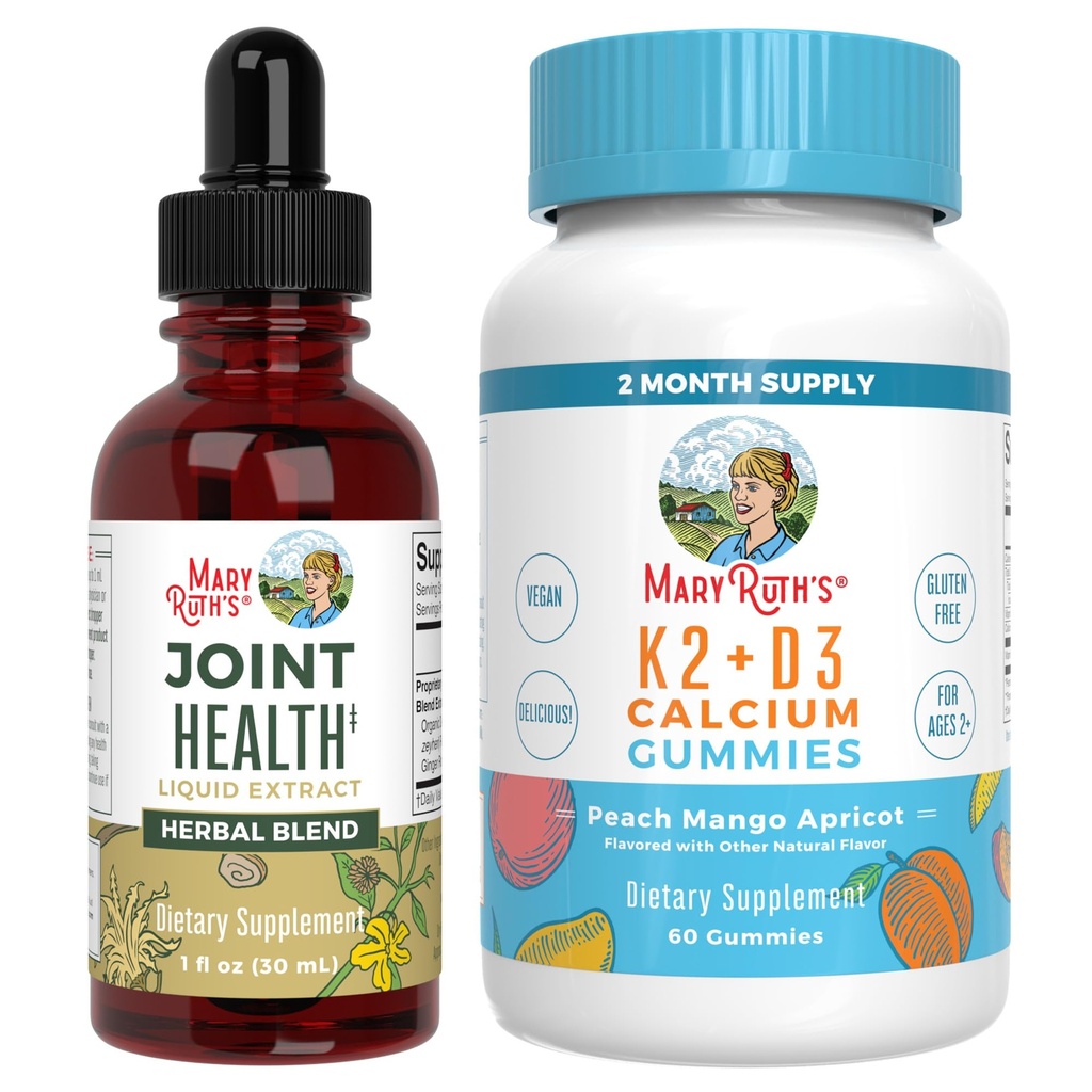 MaryRuth Organics Joint Health Liquid Drops & ויטמין K2+D3 Gummies (Peach מנגו ופרקיקוט) | פרויקט תוויות מאומתים | ויטמינים עבור Calcium, Joints ו- Bone Support | טבעוני, Non-GMO, Gluten Freeten Freeten Freeten Freeten Freeten Freeten