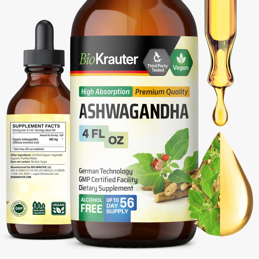 BIO KRAUTER Ashwagandha נוזל טיפות - Ashwagandha תוספי מזון עבור Calmness - תמיכה טבעית Mood טיפות - אלכוהול & סוכר חינם - 4 Fl.Oz.