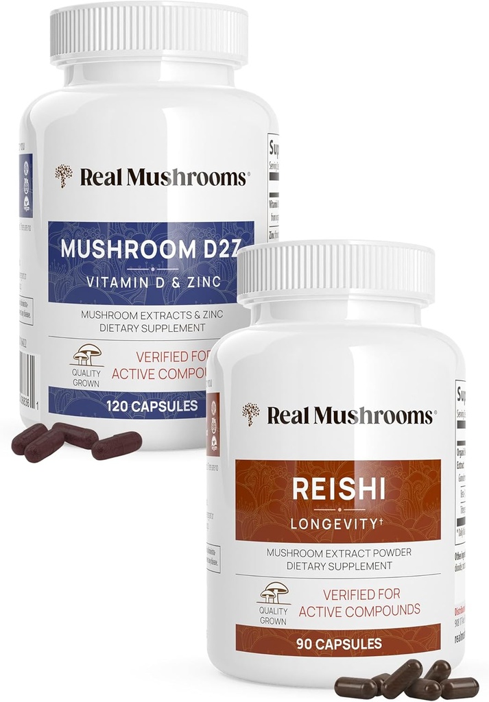 Real Mushrooms ויטמין D2, Zinc (120ct) ו- Reishi 415 (90ct) Bundle עם Chaga - תמיכה טבעית עבור חסינות, שינה טובה, ורגיעה - טבעוני, Gluten Free, non-GMO, אורגני Mushroom Extracts Extracts