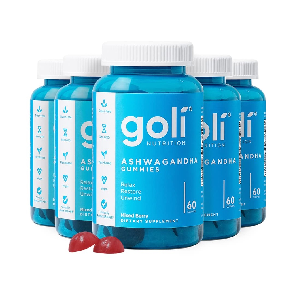 Goli Ashwagandha & ויטמין D Gummy - 300 הרוזן - מעורב ברי, KSM-66, טבעוני, צמחי מבוסס, non-GMO, Gluten-Free & Gelatin חינם להירגע. שחזור. Unwind, Pack of 5
