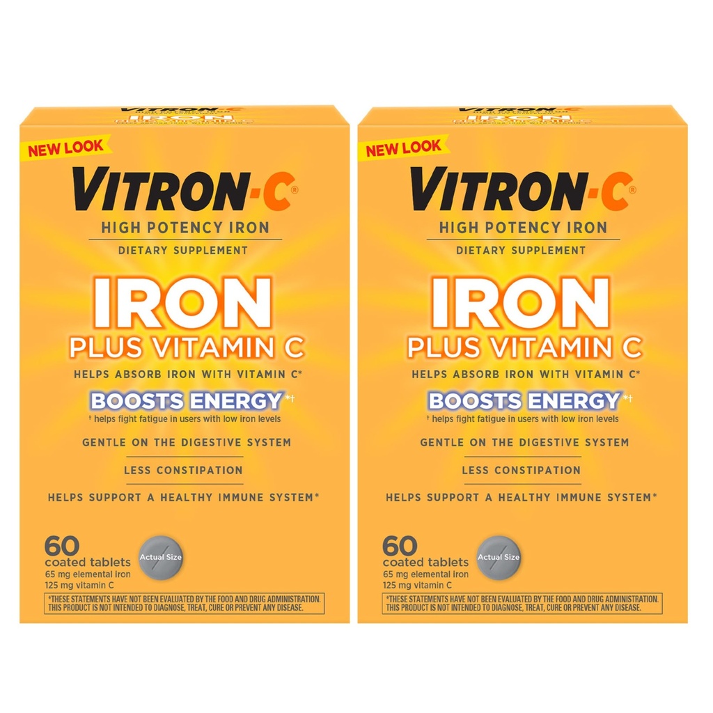 ויטמין Vitron-C Iron Supplement, Once Daily, High Potency Iron Plus ויטמין C, תומך בהפקת Red Blood Cell, Dye Free Tablets, 60 Count, 2 Pack