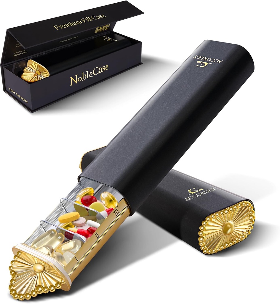 Premium Weekly Pill מארגנת, 7 ימים קומפקטית גלולה מקרה עבור Purse, Light Weight Gold אלומיניום Box עבור ויטמינים, תרופות, תוספי מזון, תוספי מזון יוקרה