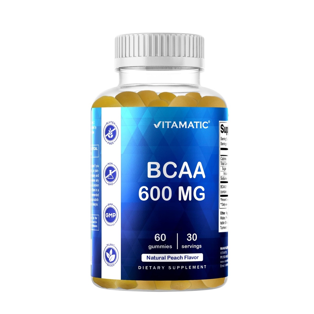 Vitamatic BCAA Gummies - שרשרת שרשרת Amino Acid תוספי - Peach Flavor - 600 מ"ג עבור המשרת - 60 טבעוני Pectin מבוסס חניכיים (1בק)