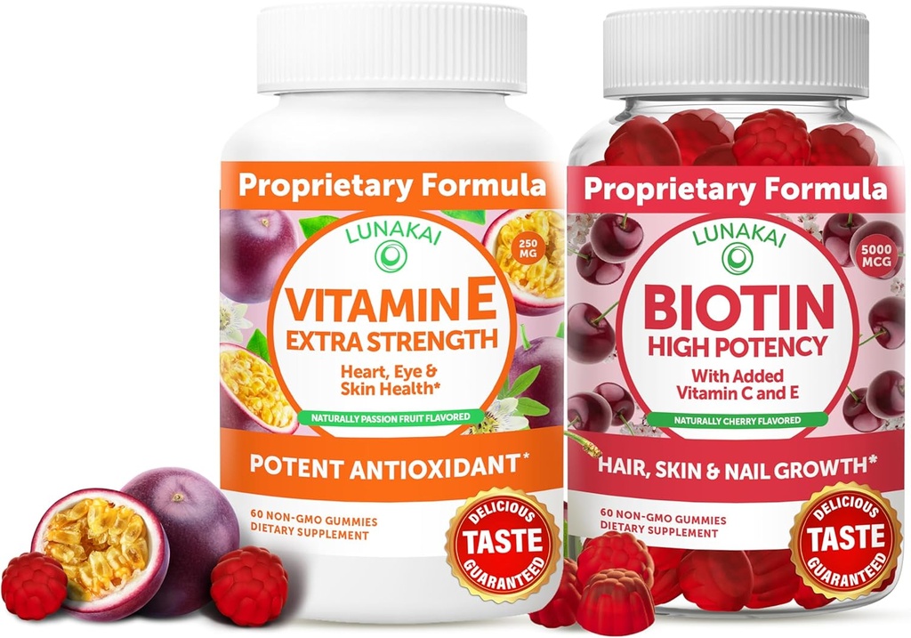לונוקאי ויטמין E ו- Biotin Gummies Bundle - 3000 mc Gumgmies for Adults Energy Support and Bone Health - ויטמינים לשיער, עור והופעת נעורים