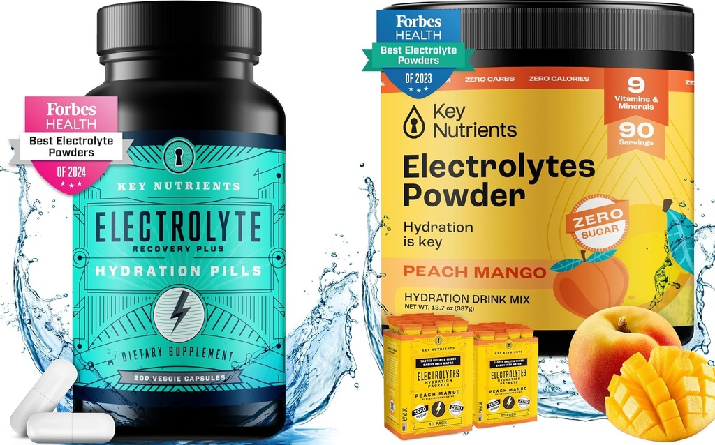 KEY NUTRIENTS hydrotion & Energy Electrolyte Bundle - טבליות אלקטרוליטטיות & טרופי Peach מנגו Multivitamin אבקת, סוכר חינם