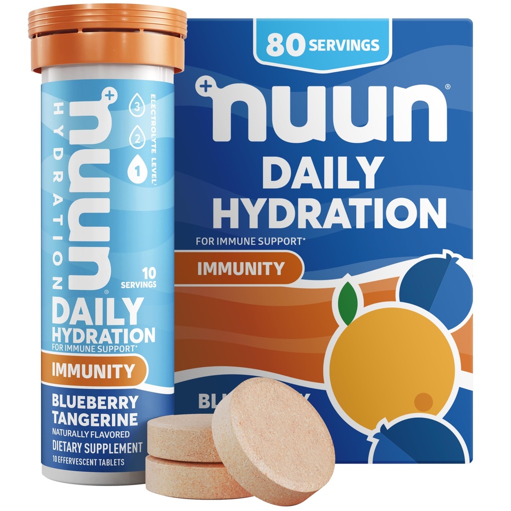 Nuun Immunity Electrolyte Tablet עם ויטמין D, C, E, & A, ג'ינג'ר, Elderberry, Magnesium & 4 אחרים חיוניים אלקטרוליטים, טבעוני, Blueberry Tangerine, 8 Pack (80 משרתים Total)