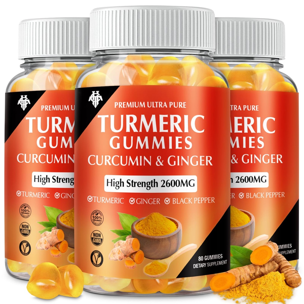 Turmeric Curcumin Gummies (3 Pack) - תוסף Turmeric Curcumin עם ג'ינג'ר & Black Peppermies עבור Immune שרירים תמיכה עור בריא - טבעוני, גלוט חינם, סוכר נמוך - למבוגרים