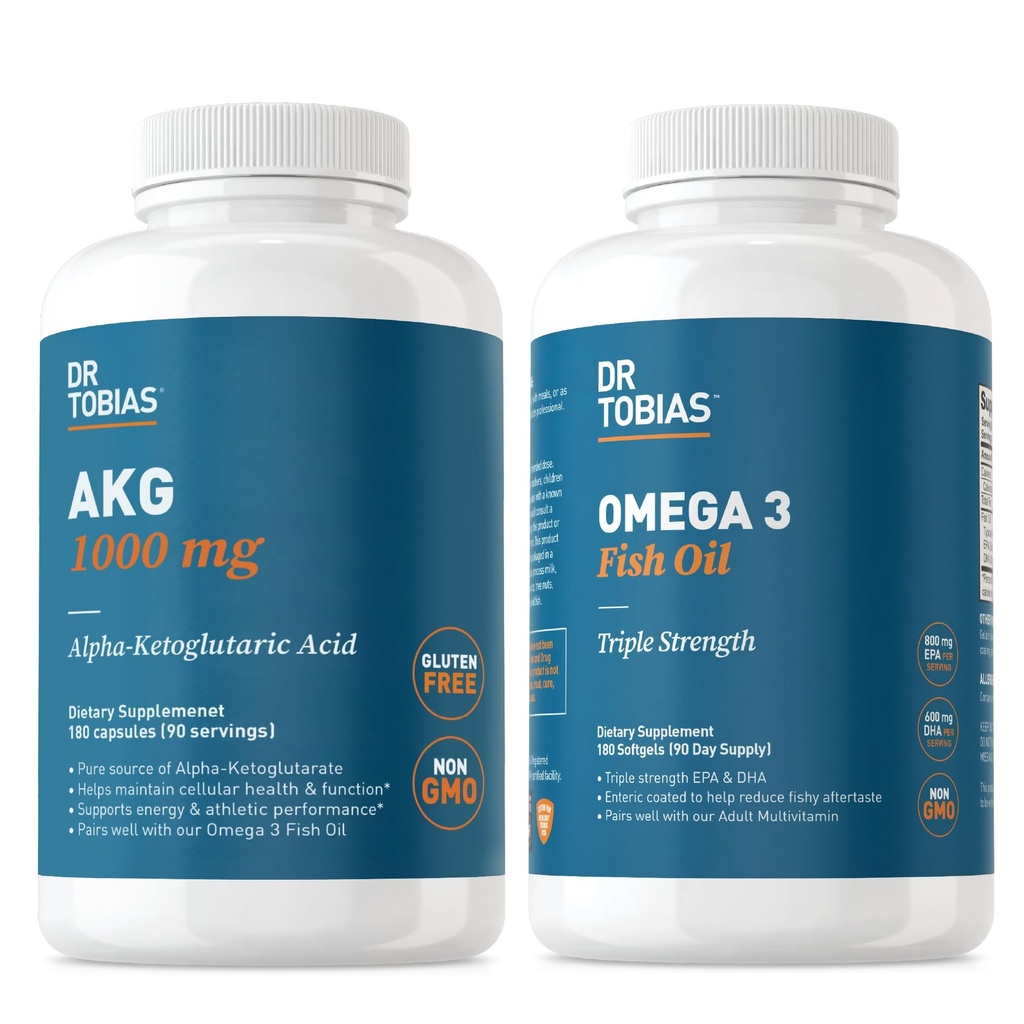 Dr. Tobias AKG תוסף & אומגה 3 שמן דגים, תמיכה באנרגיה סלולרית ובריאות כוללת עם AKG ו- Triple-Strength אומגה 3 EPA & DHA, non-GMO