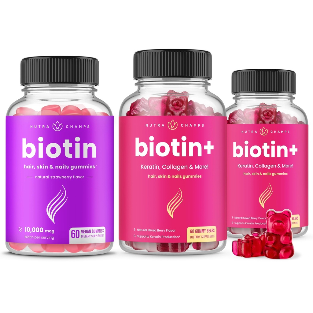 NutraChamps Complete Biotin Bundle לשיער, Skin & Nails. Biotin & Biotin+