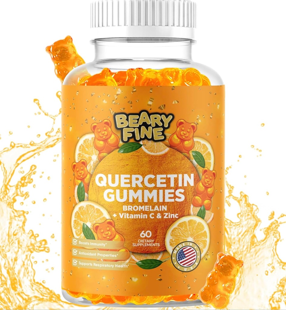 Quercetin with Bromelain Gummies - ויטמין C + Zinc & ויטמין D3 - תוספת כוח Immune תמיכה Booster - 60 חניכיים Quercetin - מיוצר בארה"ב