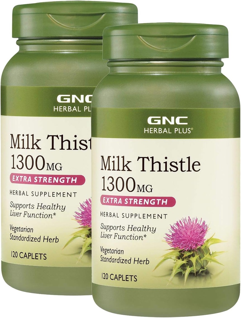 GNC Herbal Plus Milk Thistle 1300 מ"ג, Twin Pack, 120 קפסולות לבקבוק, תומך בתפקוד Liver בריא