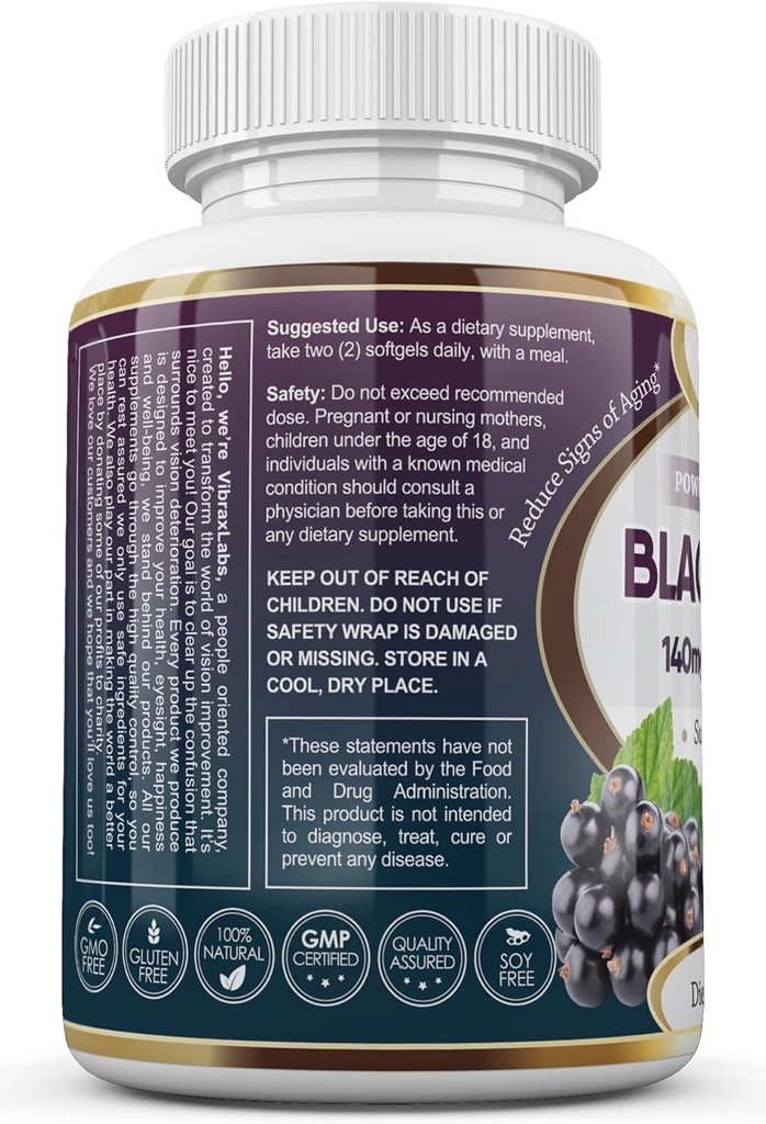 vibraxlabs Black Currant שמן 1000 מ"ג - Hexane Free - Natural Anti Aging Antioxidant עם High GLA פורמולה - תומך שיער, עור, Joint & Eye Health - Premium Black Currant Seed שמן Softgel