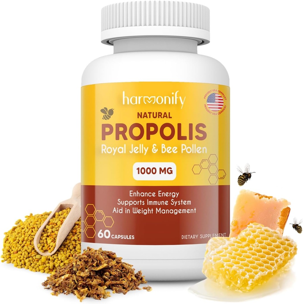 Bee Pollen Propolis רויאל Jelly לחלץ עם Carob, Pure Immune תמיכה תוספת, Gluten-Free, Vegetarian קפסולות, 1000 מ"ג