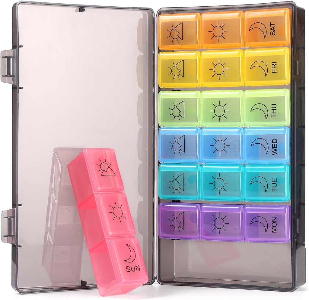 Weekly Pill Organizer 7 Day 3 Times, Portable Pill Organizer, BPA Free Pill Case, Travel Daily Pill Box Reminder, Medication Organizer for Vitamins, Supplements (Rainbow)