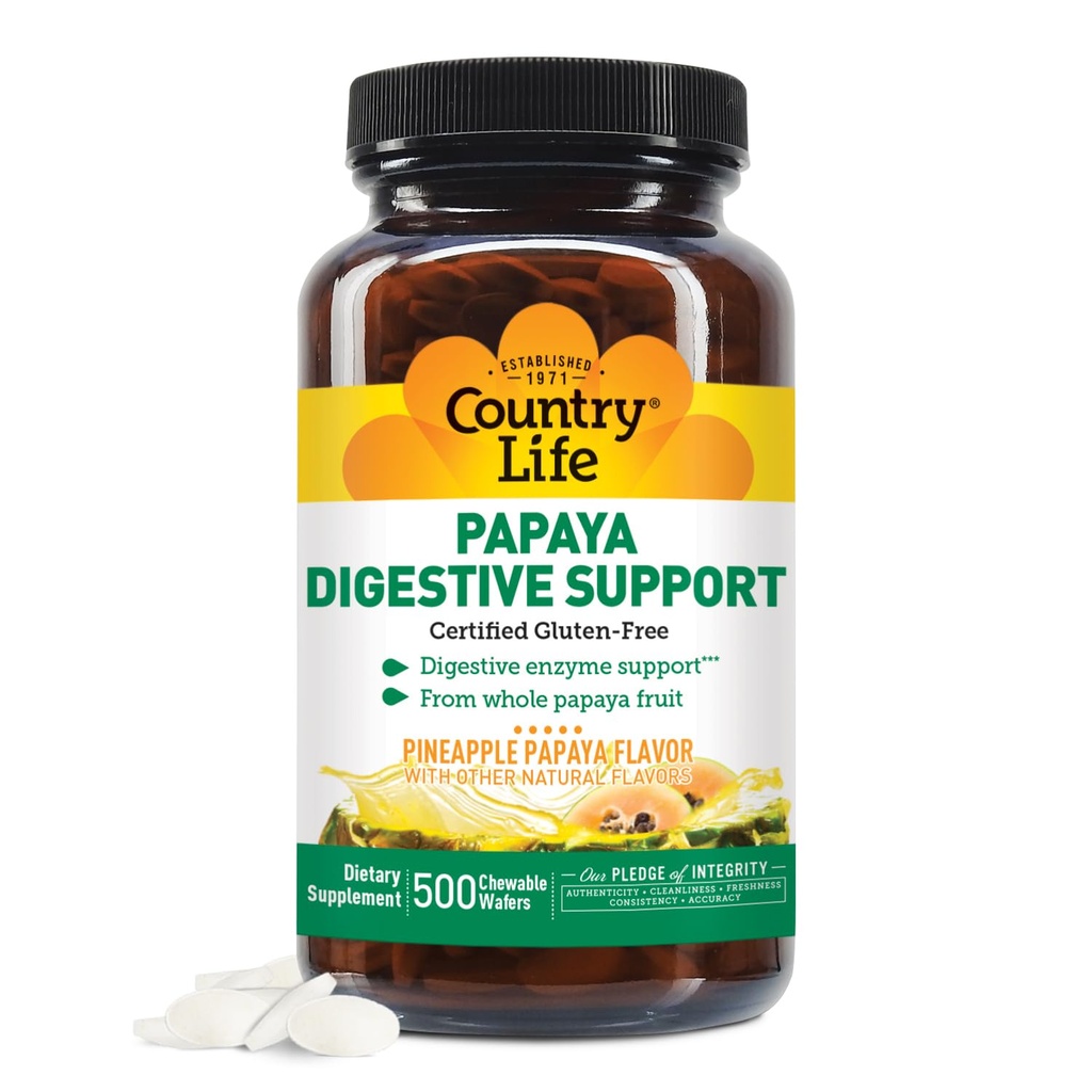 Country Life Chewable Papaya Enzymes for Digestion Support - Natural Pineapple & Papaya Flavor, Assists with Nutrient Absorption, Contains Papain & Protease - 200 and 500 Wafers Available
