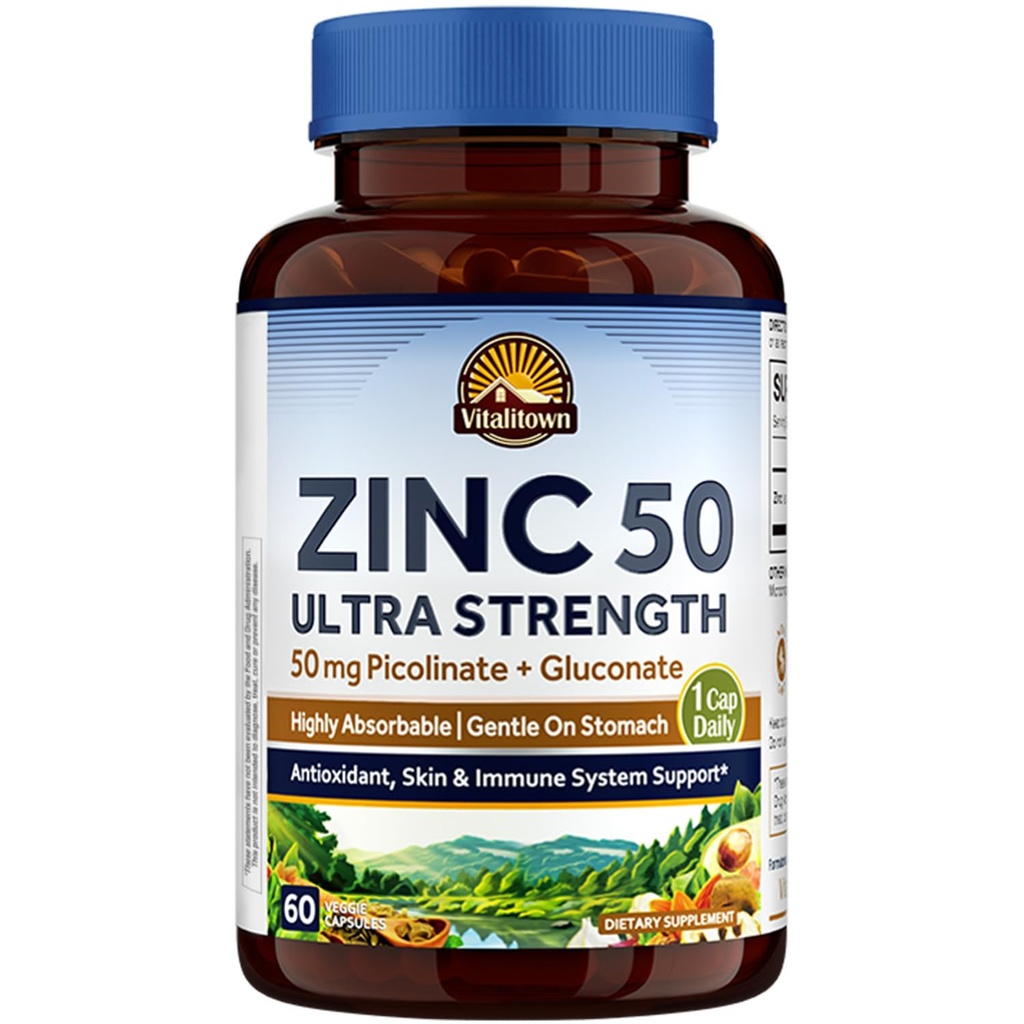 Vitalitown Chelated Zinc 50 מ"ג, Zinc Picolinate & Gluconate, 60 קפסולות Veggie, Well-Absorbed, מערכת החיסון, עור בריא ופיתוח, טבעוני, no Gluten, non-GMO