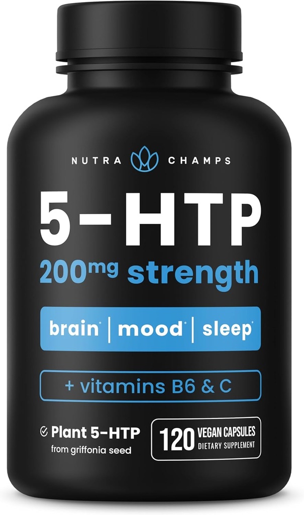 NutraChamps 5-HTP 200 מ"ג, 120 קפסולות טבעוניות, Pure 5HTP 100 מ"ג פלוס Co-Factors ויטמין B6 & ויטמין C