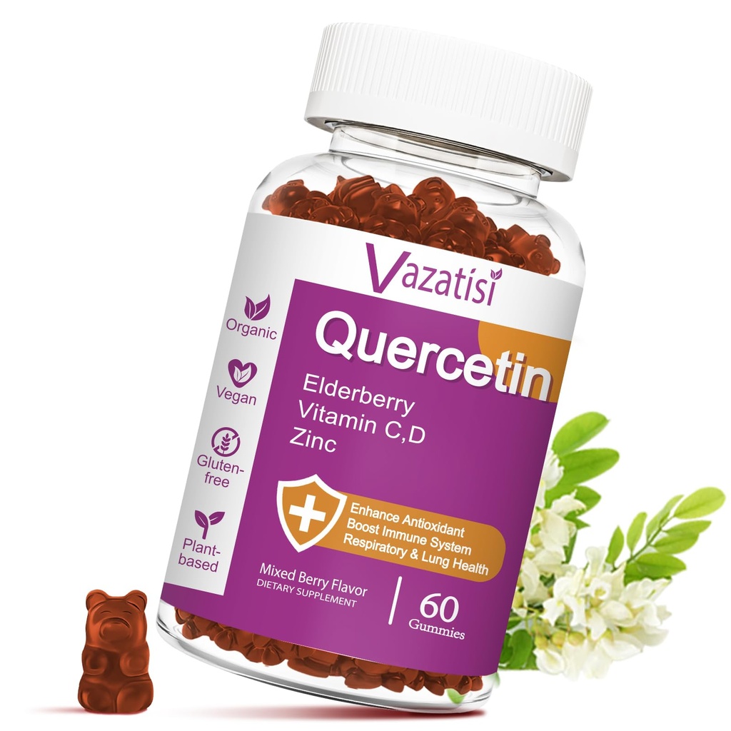 Quercetin Gummies, Quercetin עם ויטמין C Zinc, Bromelain, Elderberry ו ויטמין D, Immune לתמוך מבוגרים ילדים, נשים גברים, 60 מסטיקנים צ'ויכול