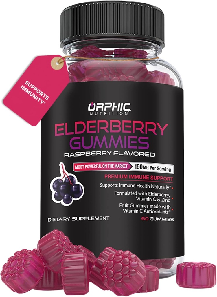 OrPHIC NUTRITION Elderberry חניכיים עם ויטמין C ו- Zinc - 60 Count - Immune Support Supplement for Men, Women and Kids * - Elderberry ויטמינים עשויים עם ויטמין C - 100MG של מבוגרים
