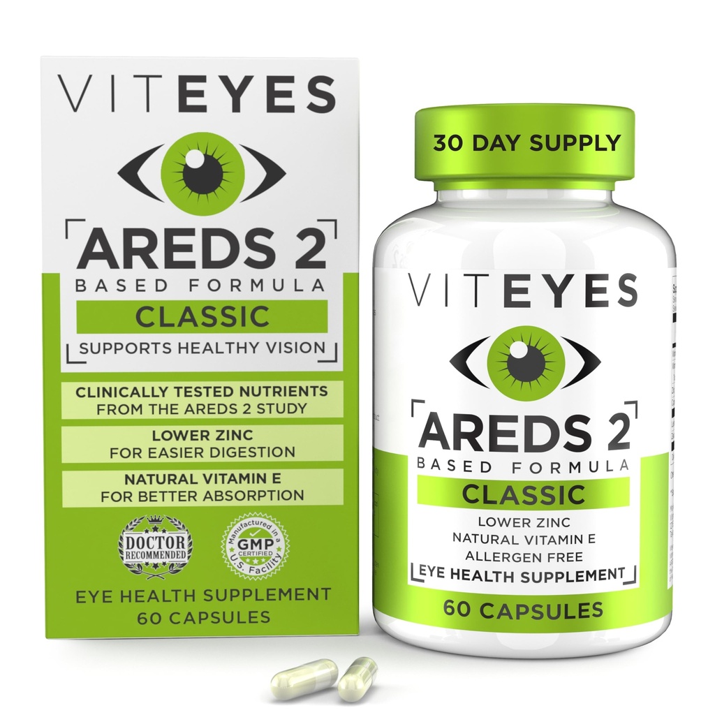 Viteyes הםDS 2 ויטמין עין, תמיכה Macular Macular, Allergen Free קפסולות, עם ויטמין E טבעי, ויטמין C, Zinc, Copper, Lutein & Zeaxanthin, Eye Doctor Trusted, Manufactured בארה"ב, 60 Ct, Zinc, Copper, Lutein & Zeaxanthin, Eye Doctor Trusted, Manufactured in the USA, 60 Ct 60 Ct