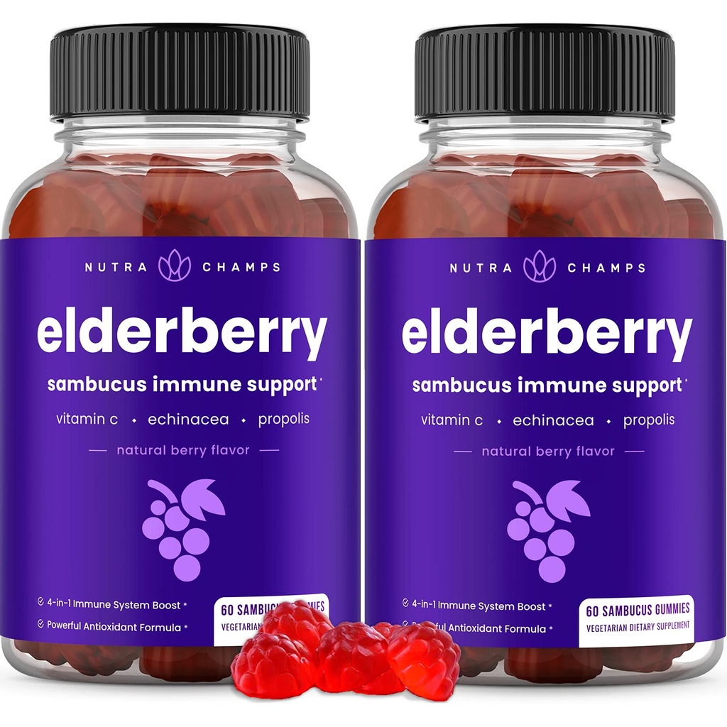 NutraChamps Elderberry Gummies, Sambucus Elderberry חניכיים למבוגרים וילדים, ויטמין C, Propolis & Echinacea, מקס כוח Immune תמיכה חניכיים, טבעי ברי פלאמור, 120 מסטיקנים (Pack של 2) (Pack of 2), Propolis & Echinacea, מקס כוח Immune תמיכה מגמימים, טבעי ברי פלאמור, 120 חניכיים (Pack of 2)