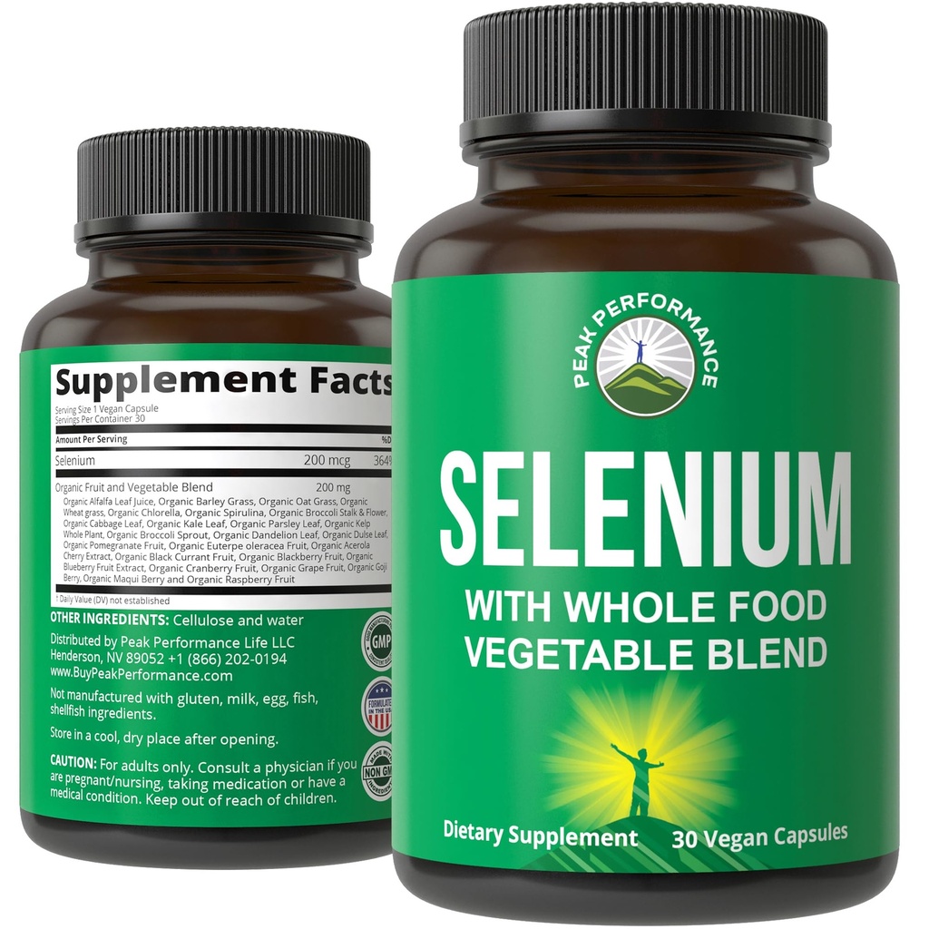 Selenium Supplement with Whole Food Blend of 25+ Vegetables and Fruits for Max Absorption. Pure Selenium Vegan Capsules for Immune System, Thyroid Support, Heart Health, Prostate Support. 30 Pills