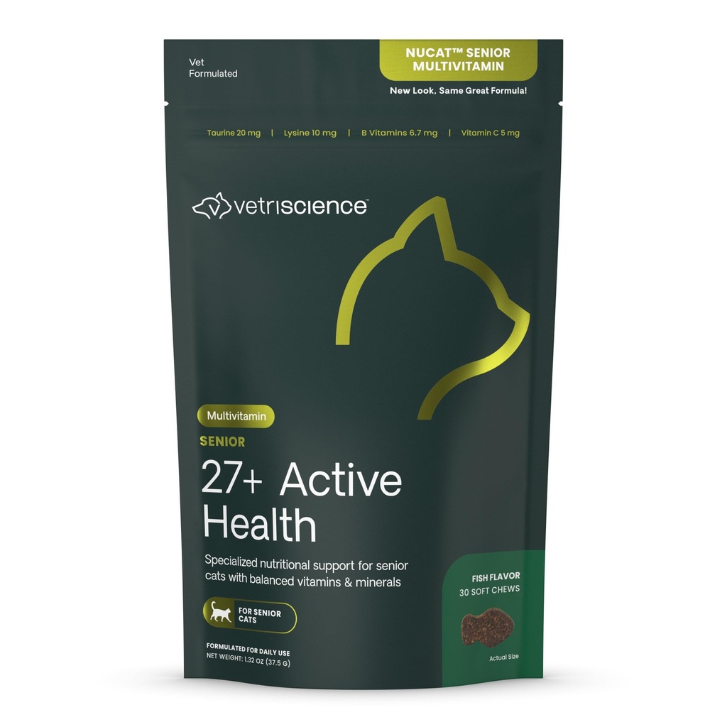 VetriScience בכיר 27+ Active Health Chews, Nu Cat Daily Multivitamin עבור חתולים מבוגרים, ויטמינים מאוזנים, מינרלים ואנטיoxidants, תמיכה בריאה ובטיחות, דגים, 30 הרוזן