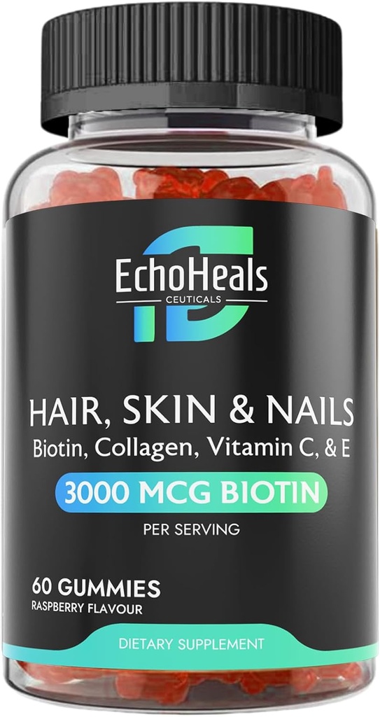 שיער, Skin & Nail Gummies | Biotin Collagen ויטמין C & E תוסף | 3000mcg Biotin | Raspberry Flavored | 60 חניכיים