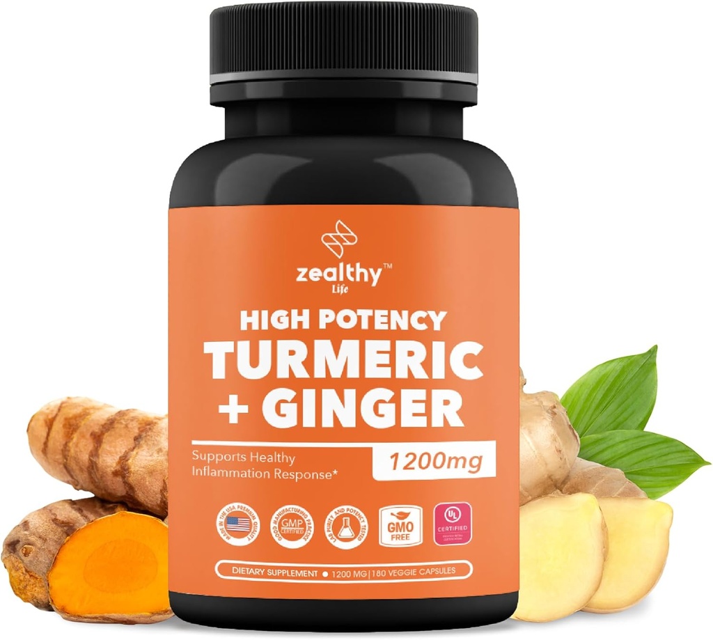 Turmeric + ג'ינג'ר קפסולות 1200 מ"ג | נוחות משותפת, Inflammation Support & Digestive Health* | 180 Count | Zealthy Life High Potency Turmeric Joker