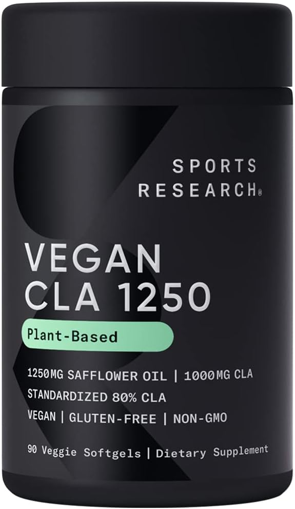 ספורט מחקר טבעוני CLA - 1250 מ"ג עם Active Conjugated Linoleic Acid עבור גברים ונשים | Non-GMO, Soy & Gluten חינם - 80% (90 Softgels)