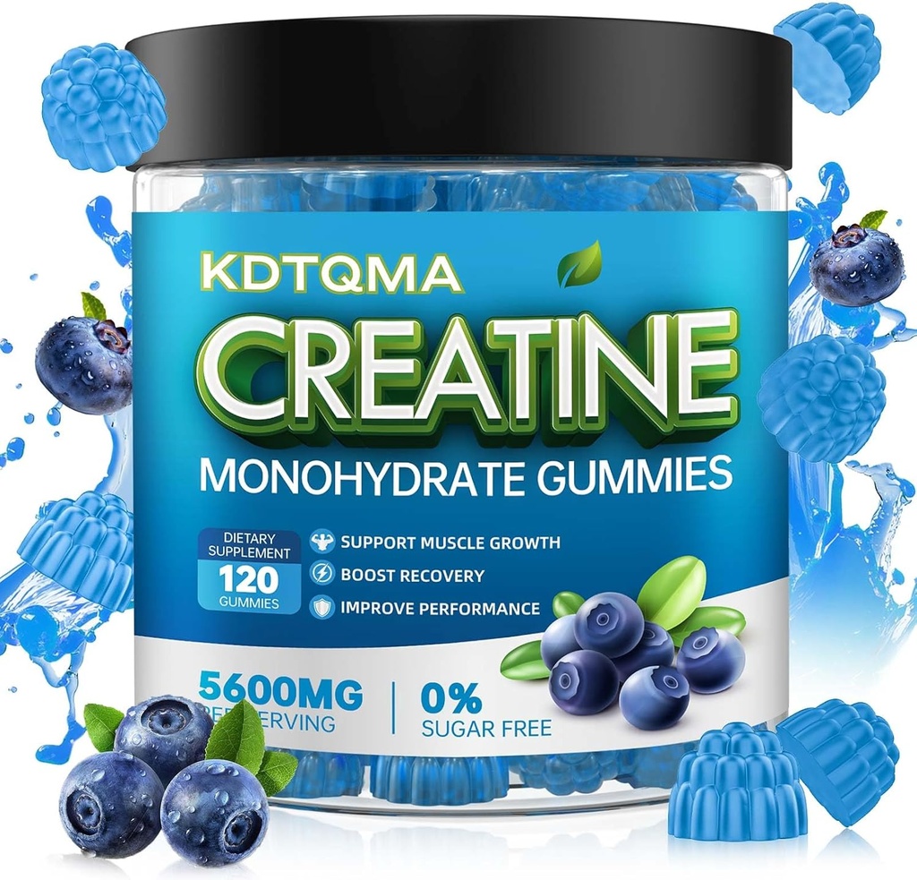 Creatine Monohydrate חניכיים עבור גברים ונשים 120 CT - 5600 מ"ג של Creatine Monohydrate לשרת, Chwable Creatine Monohydrate עבור תמיכה שרירים & אנרגיה Boost, סוכר חינם, טבעוני (בלובדור כחול)