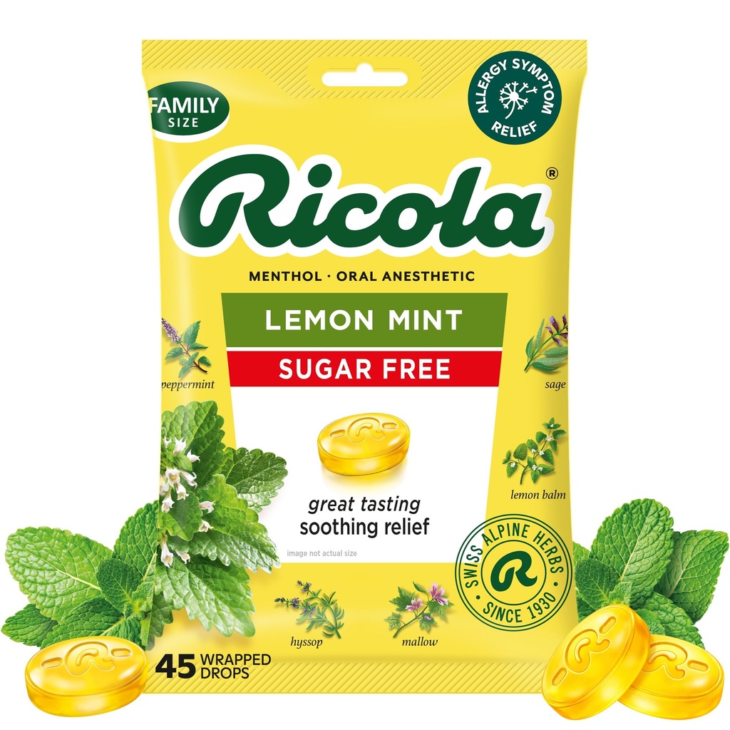 Ricola Sugar Free Lemon Mint גרון טיפות, 45 ספירה, הקלה מרעננת מאירי גרון קטנים, אוראלי Anesthetics