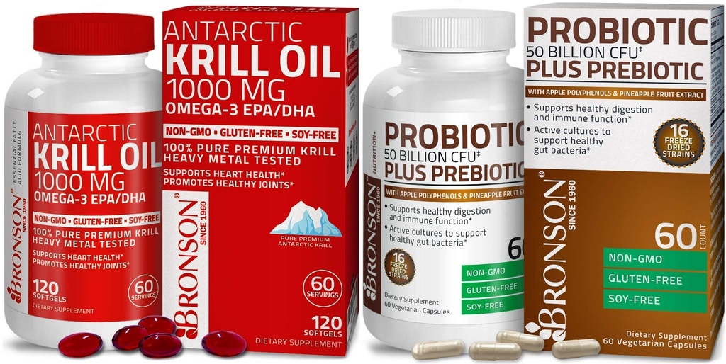ברוונסון פרוביוטיקה 50 מיליארד CFU + Prebiotic עם Apple Polyphenols & Pineapple פירות אקסטרcאנטארקטי שמן קריל 1000 מ"ג עם אומגה 3 EPA DHA