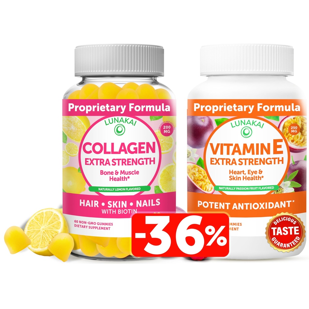 לונהקאי קולאזן ווויטמין E Gummies Bundle - non-GMO Anti Aging תוספים לגברים ונשים - מסטיק טבעי עם ויטמין C & 250 מ"ג טבעי VIT E