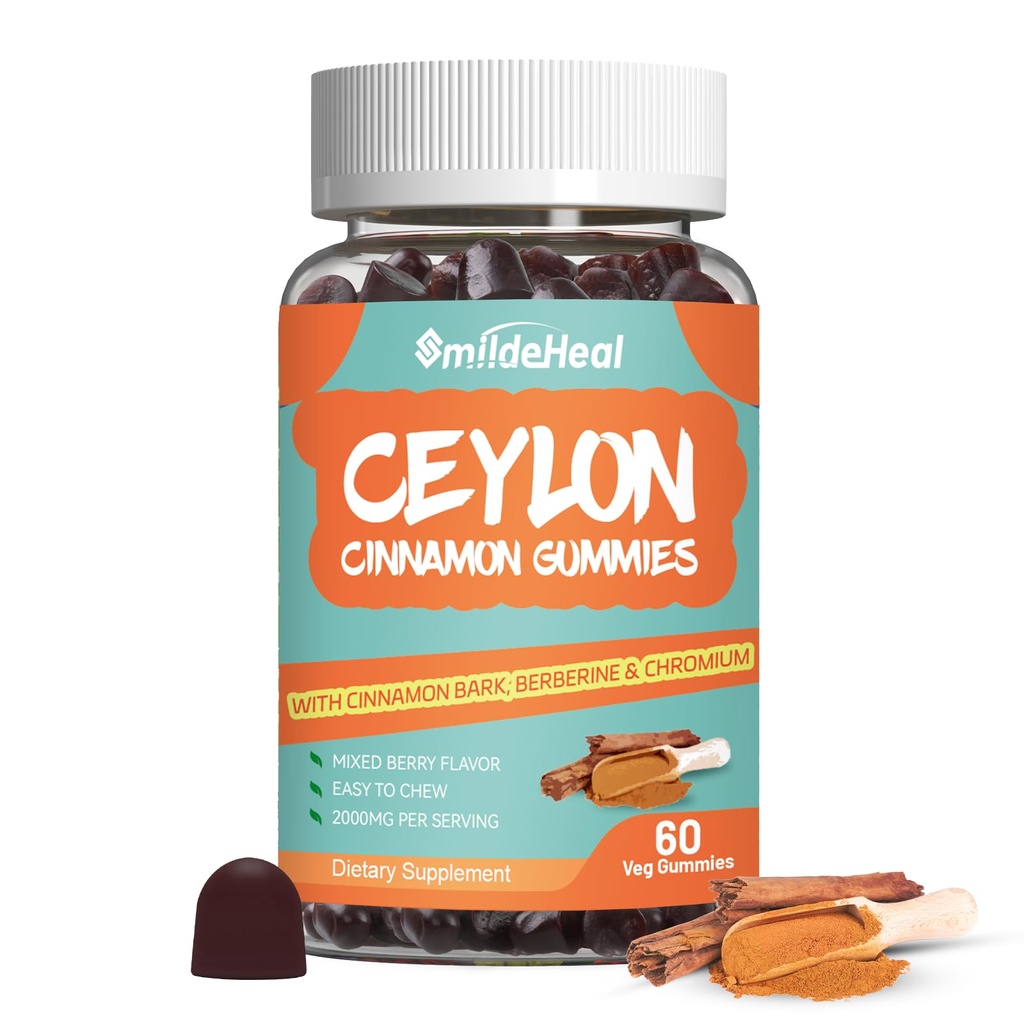 סוכר חינם Ceylon Cinnamon Gummies 2000MG, תוסף Cinnamon עם Chromium ו Cinnamon Bark, טבעוני, Non-GMO, Gluten Free, 60 מסטיקים