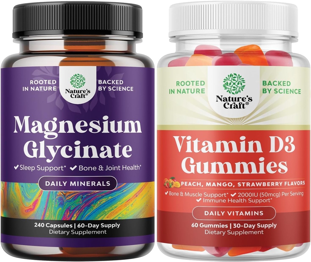 Bundle of Pure Magnesium Glycinate 400 מ"ג עבור שינה מ Mood ומנוחה 240ct ו ויטמין D3 מסטיקים עבור בריאות יומית או שריר העצם & Immune תמיכה תמיכה