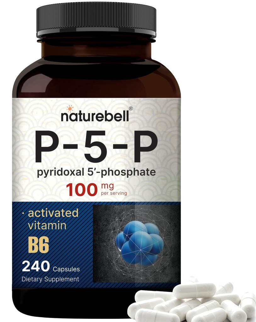NatureBell P5P ויטמין B6 100 מ"ג עבור משרת, 240 קפסולות | הפעילו את תוספי Pyridoxal 5 Phosphate - Essential Bs for Brain & Memory Health - Non-GMO