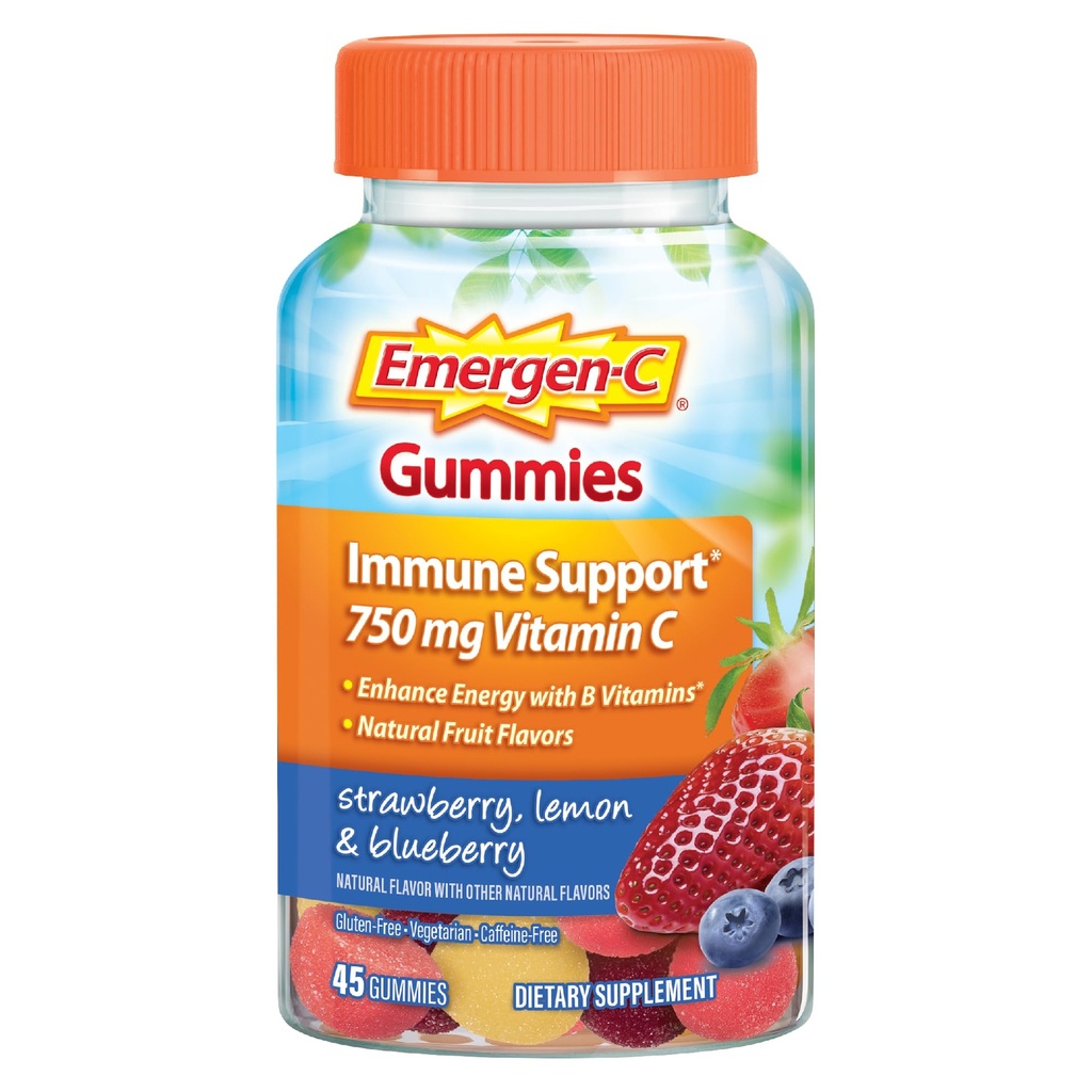 Emergen-C 750 מ"ג ויטמין C חניכיים למבוגרים, Immune Support Gummies, Gluten Free, Strawberry, לימון ו Blueberry Flavors - 45 הרוזן