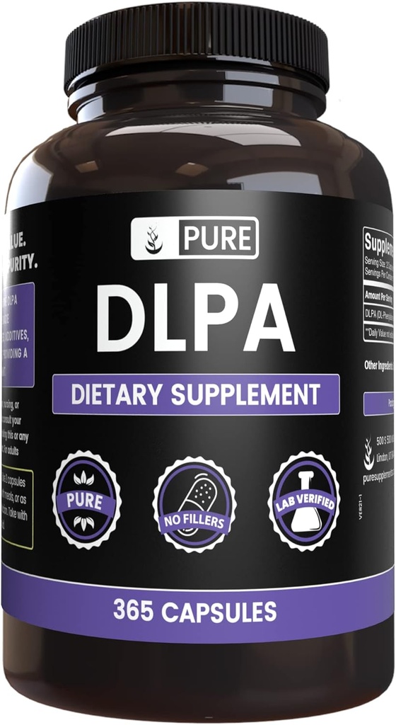 רכיבים מקוריים טהורים DL-Phenylalanine DLPA (365 קפסולות) No Magnesium Or Rice Fillers, Always Pure, Lab מאומתת