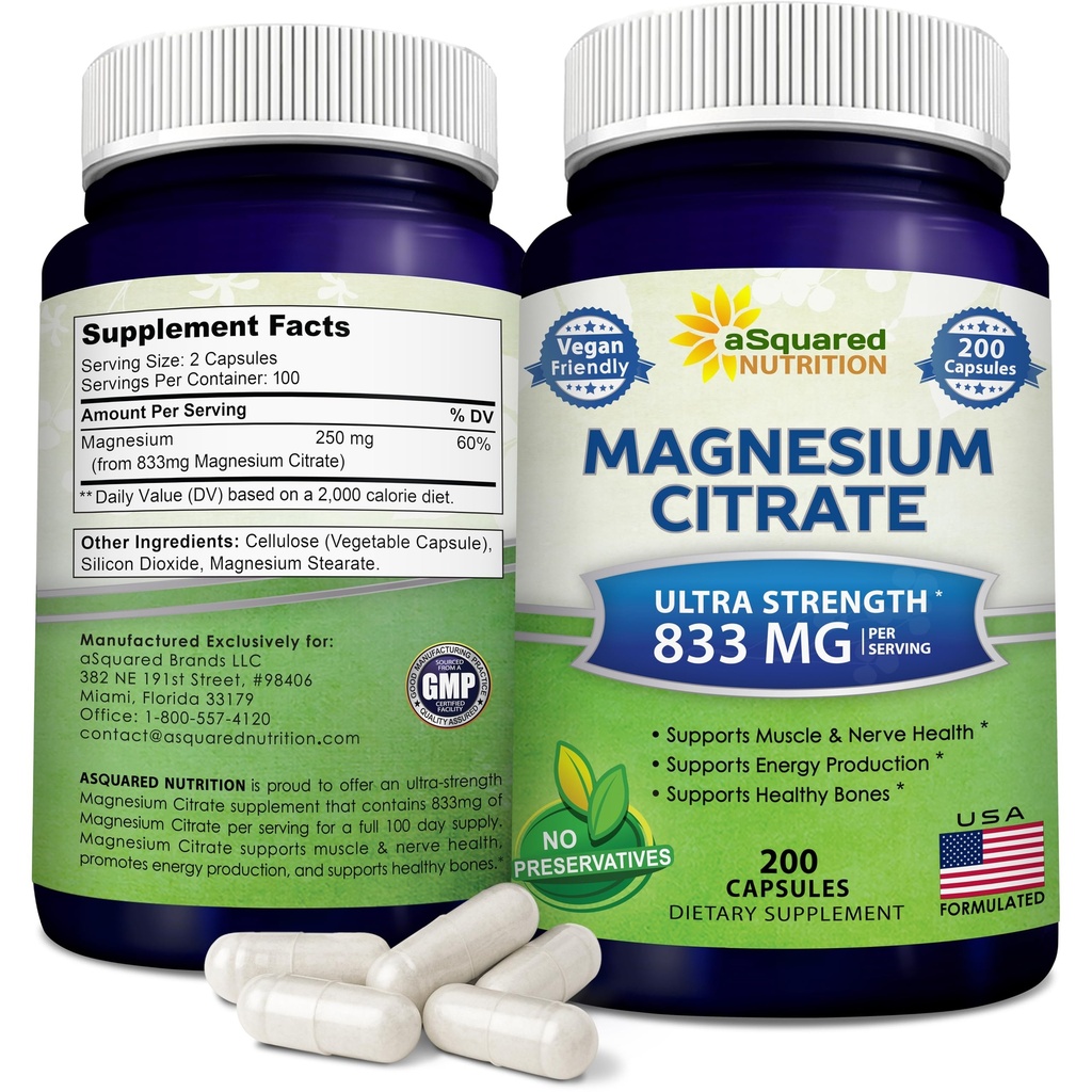 ASquared Nutrition Magnesium Citrate 833 מ"ג תוסף - 200 קפסולות - Maxחוזק שומן אבקת Mag Citrate כדי לתמוך בתפקוד טהור של השרירים, הלב והעצמות - מסייע להגביר את האנרגיה