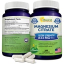 ASquared Nutrition Magnesium Citrate 833 מ"ג תוסף - 200 קפסולות - Maxחוזק שומן אבקת Mag Citrate כדי לתמוך בתפקוד טהור של השרירים, הלב והעצמות - מסייע להגביר את האנרגיה
