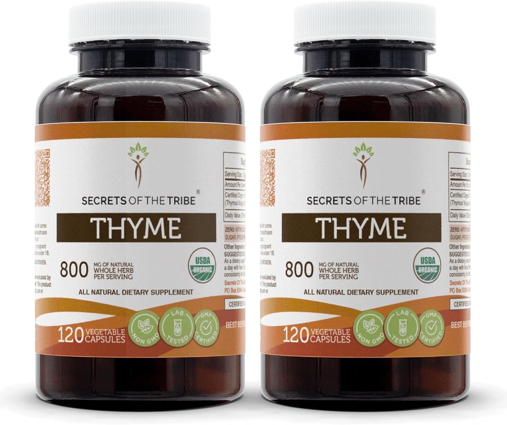 סודות השבט Thyme 2x120 קפסולות, עשויים עם קפסולות ירקות ו USDA אורגני Thymus Vulgaris Toni Effect (2x120 קפסולות)
