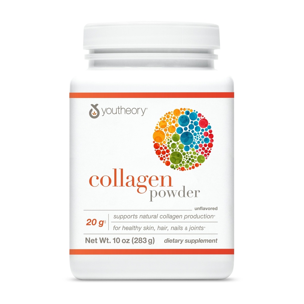 אבקת Youtheory Collagen - עם Amino Acids, מינרלים, ויטמין C & B7 (Biotin) - תומך עצמות בריאות, שרירים, שיער, ציפורניים, עור ופרקים * - hydrolyzed - Unflaved - 10 oz (10 משרתים)