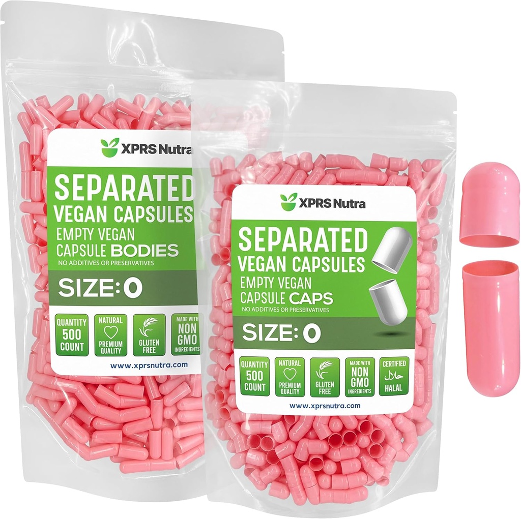 XPRS Nutra טבעוני גודל 0 קפסולות נפרדות - 500 Count Premium פחמימות ריקות נפרדות ב Bags - Pills 0 ריקה עבור תוסף DIY (Pink)